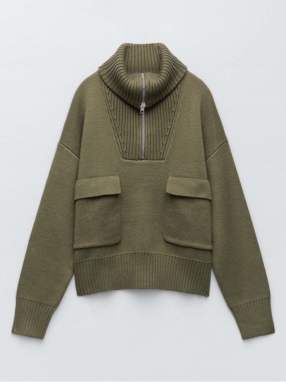 Zara Olive Green Cable Knit Quarter Zip Pocket Sweater. Size M